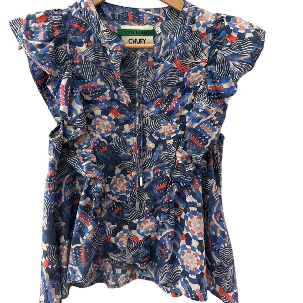 Chufy Dekker Mosaic Flutter Sleeve Gone Jammin Top Blue Multi Guipure Size XS - Picture 7 of 11